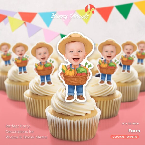 Custom Face Little Farmer Theme Cupcake Toppers with Vegetable Basket
