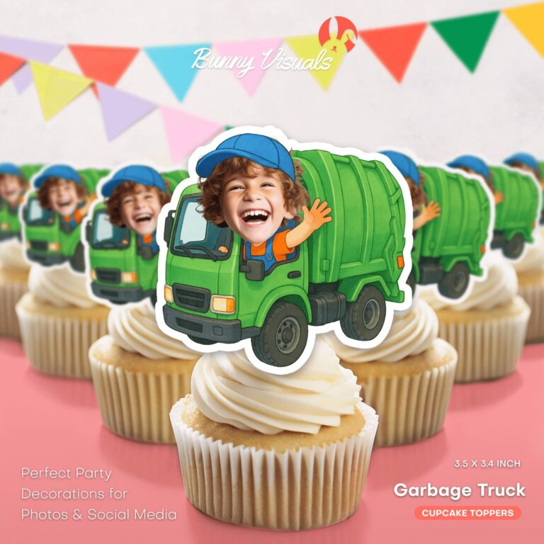Custom Face Garbage Truck Cupcake Toppers for Personalized Green Recycling Truck Parties