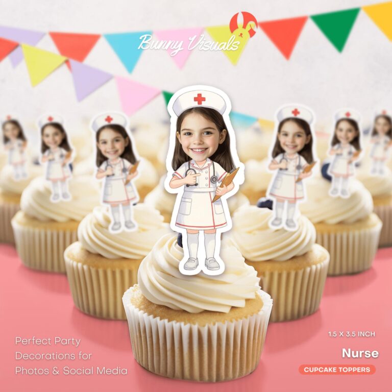 Custom Face Nurse Theme Cupcake Toppers Featuring White Uniform and Clipboard