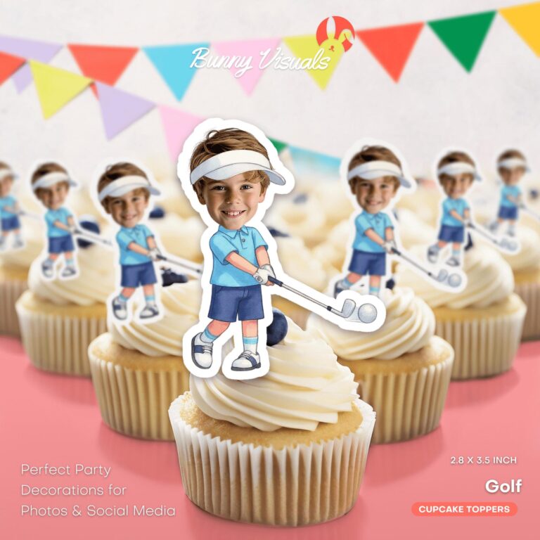 Custom Face Golf Player Boy Cupcake Toppers for Kids Sports Birthday