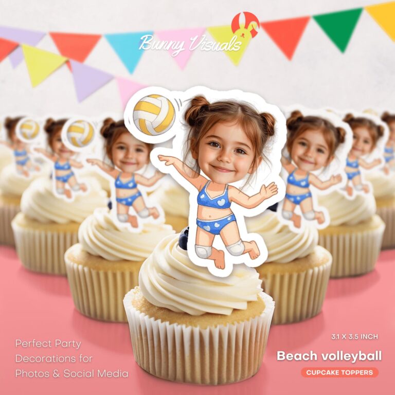 Personalized Little Girl Beach Volleyball Custom Face Cupcake Toppers