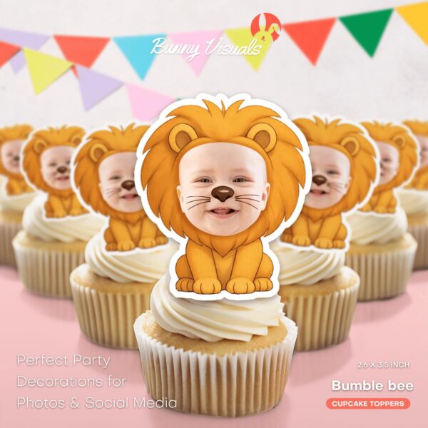 Custom Face Lion Cupcake Toppers for Safari & Jungle Wild One Parties