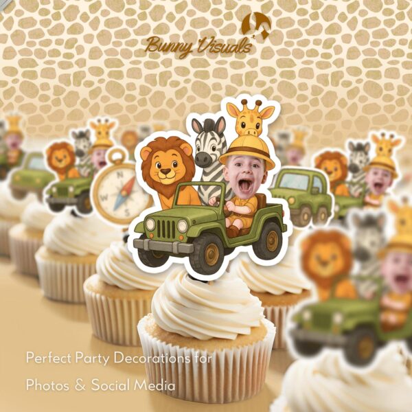 Custom Face Safari Jeep Explorer Cupcake Toppers with Lion, Zebra, and Giraffe