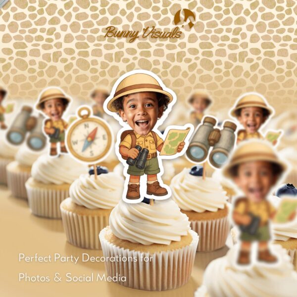 Personalized Safari Explorer Custom Face Cupcake Toppers for Jungle Adventure Parties