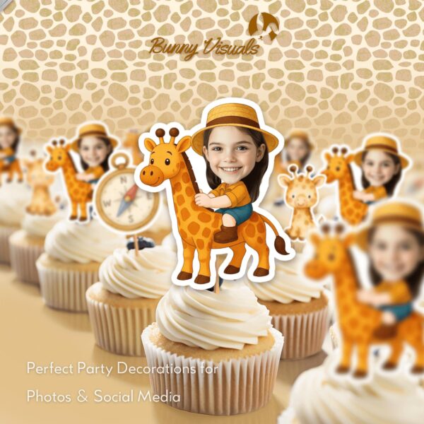 Custom Face Giraffe Safari Explorer Cupcake Toppers