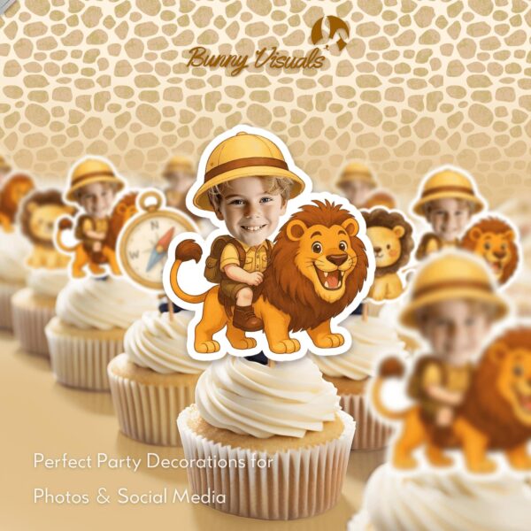 Personalized Safari Explorer Riding Lion Custom Face Cupcake Toppers
