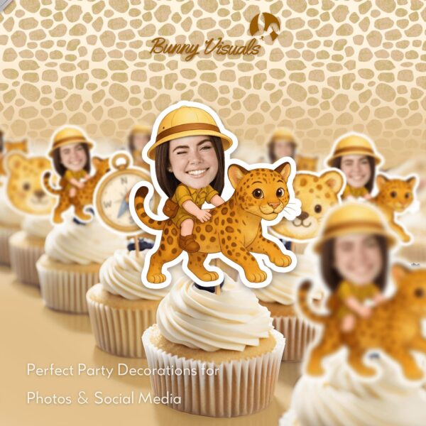 Custom Face Safari Explorer Riding Leopard Cupcake Toppers for Jungle Adventure Parties