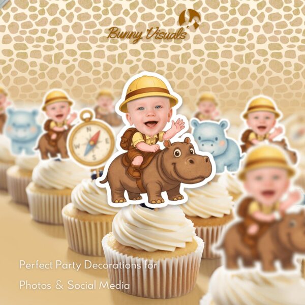 Personalized Safari Explorer Riding Hippo Custom Face Cupcake Toppers