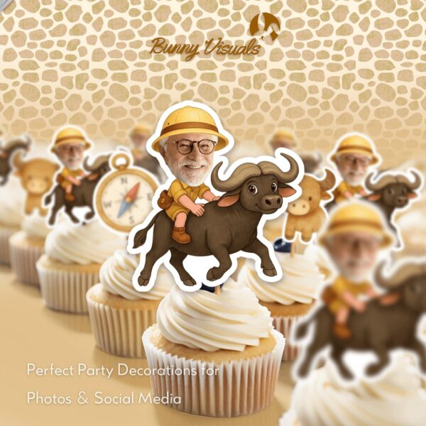 Custom Face Safari Explorer Riding Buffalo Cupcake Toppers – Funny Retirement & Senior Birthday Decor