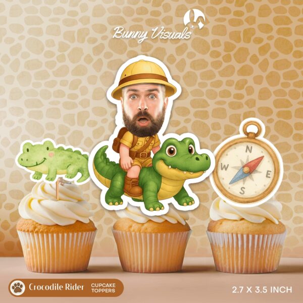 Custom Face Crocodile Rider Cupcake Toppers | Funny Safari Explorer & Jungle Party Decorations