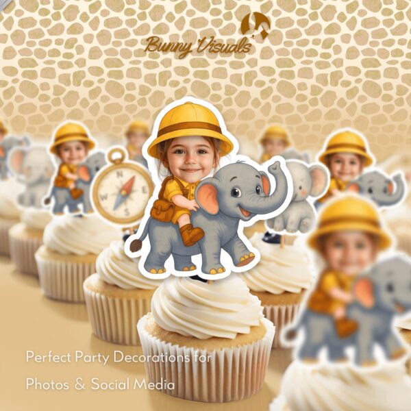 Custom Face Safari Explorer Riding Elephant Cupcake Toppers for Jungle Creature Birthdays