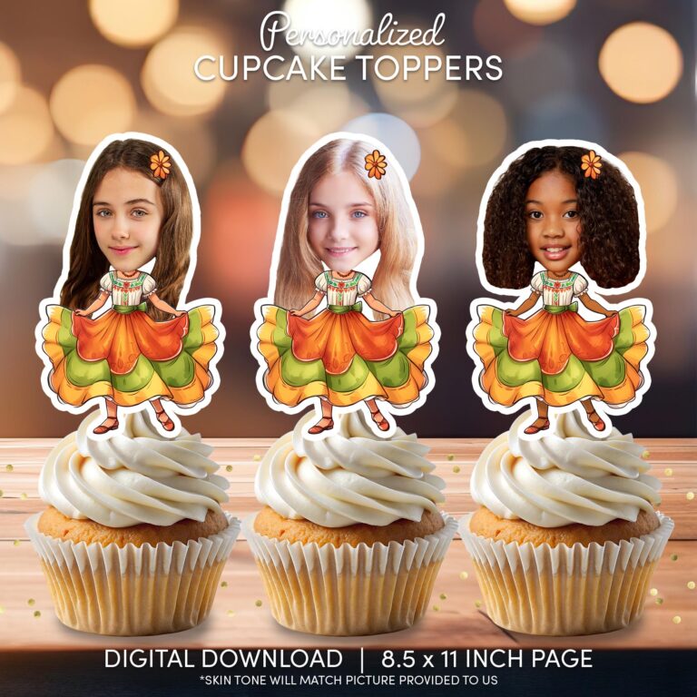 Custom Photo Cupcake Toppers Featuring Traditional Mexican Folk Dress - Fiesta Theme Printable