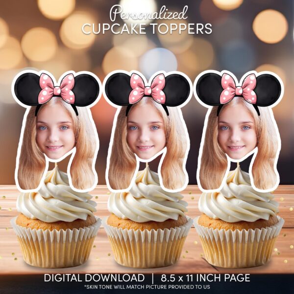 Personalized Mouse Ears Cupcake Toppers with Pink Polka Dot Bow - Custom Photo Birthday Decor