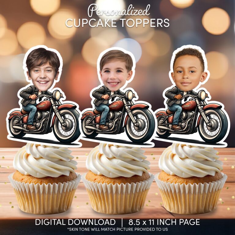 Custom Motorcycle Birthday Face Cupcake Toppers – Personalized Biker Theme Digital Decor