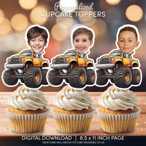 Custom Monster Truck Face Cupcake Toppers - Personalized Big Rig Photo Decoration
