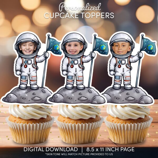 Custom Astronaut Photo Cupcake Toppers - Personalized Space Birthday Decoration