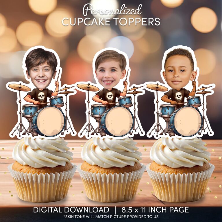 Custom Drummer Face Cupcake Toppers for Rock Star Birthday Parties