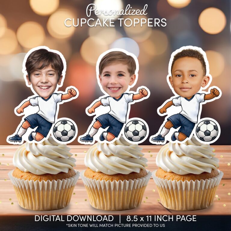 Custom Face Soccer Player Cupcake Toppers - Printable Sports Birthday Party Decor