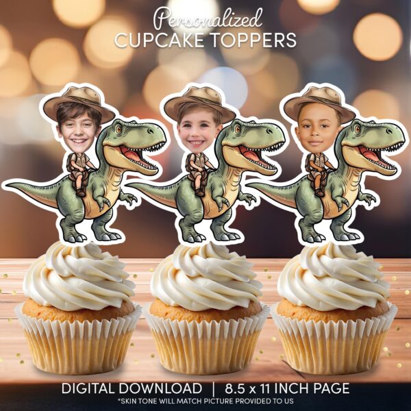 Custom Face Dinosaur Rider Cupcake Toppers - Personalized Jurassic Safari Birthday Party Decoration - Printable Digital Download
