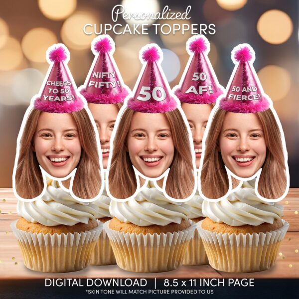 Custom 50th Birthday Face Cupcake Toppers with Pink Glitter Hat