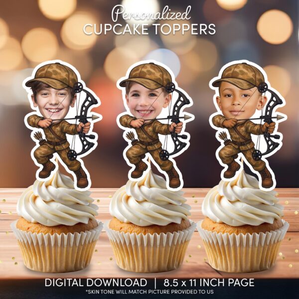 Personalized Hunter Cupcake Toppers – Custom Face Camo Archery Theme