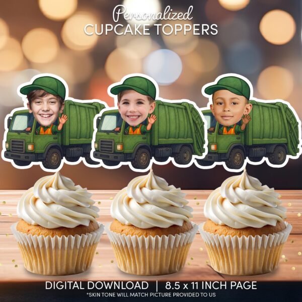 Custom Face Garbage Truck Cupcake Toppers - Printable Trash Bash Recycling Party Decoration