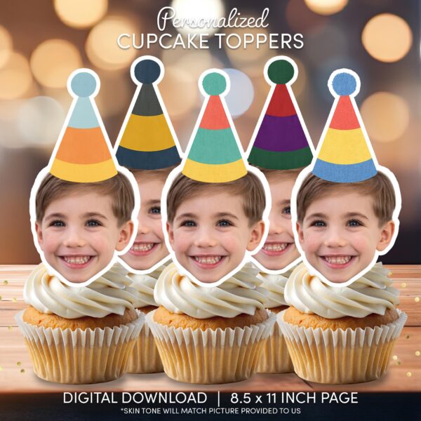 Custom Face Cupcake Toppers with Colorful Striped Party Hats - Printable Birthday Décor