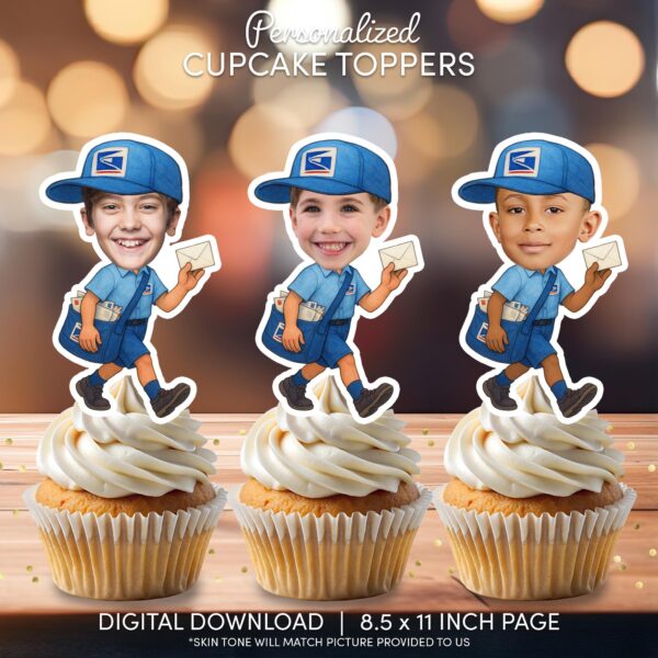 Personalized Mail Carrier Cupcake Toppers - Custom Face Postman Theme for Kids Birthday