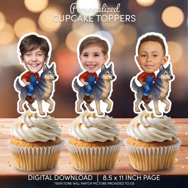 Custom Wolf Rider Photo Cupcake Toppers – Printable Woodland Adventure Birthday Decoration