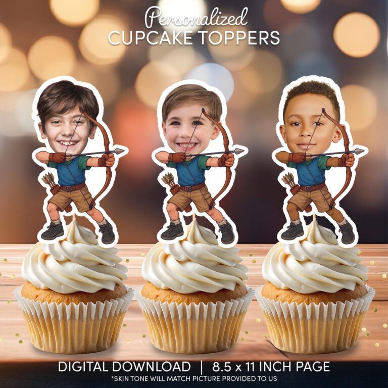 Custom Face Archery Cupcake Toppers - Personalized Bow and Arrow Adventurer Theme
