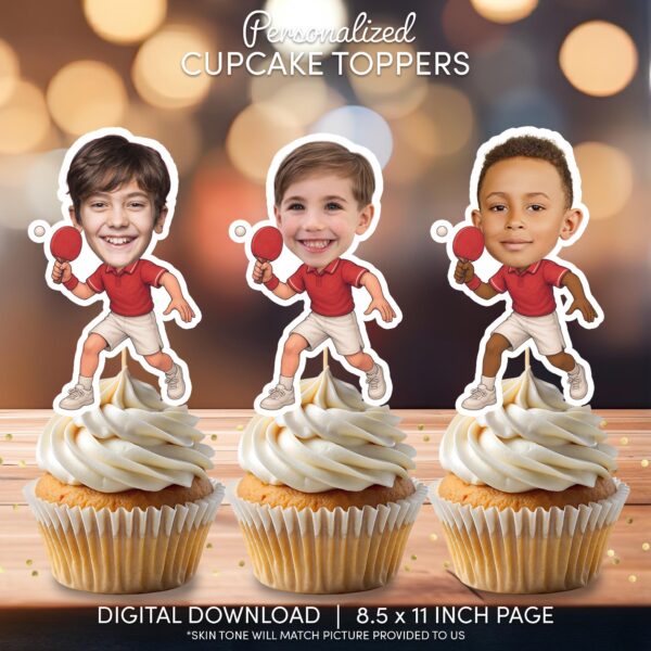 Personalized Ping Pong Player Cupcake Toppers - Custom Table Tennis Face Decoration