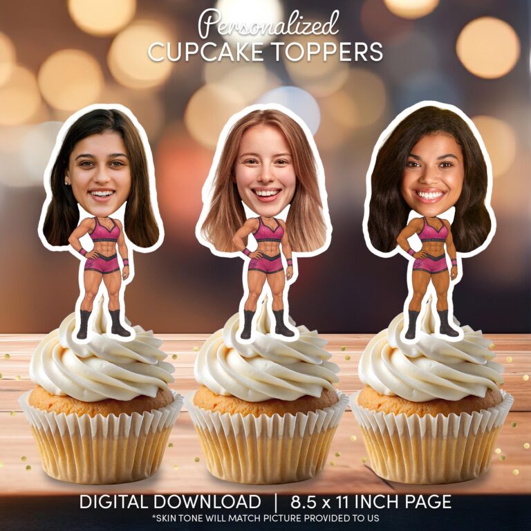Custom Female Wrestler Face Cupcake Toppers – Printable Pink Sports Diva Party Decoration