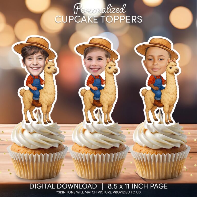 Custom Face Llama Rider Cupcake Toppers – Printable Farm Animal Birthday Party Decorations