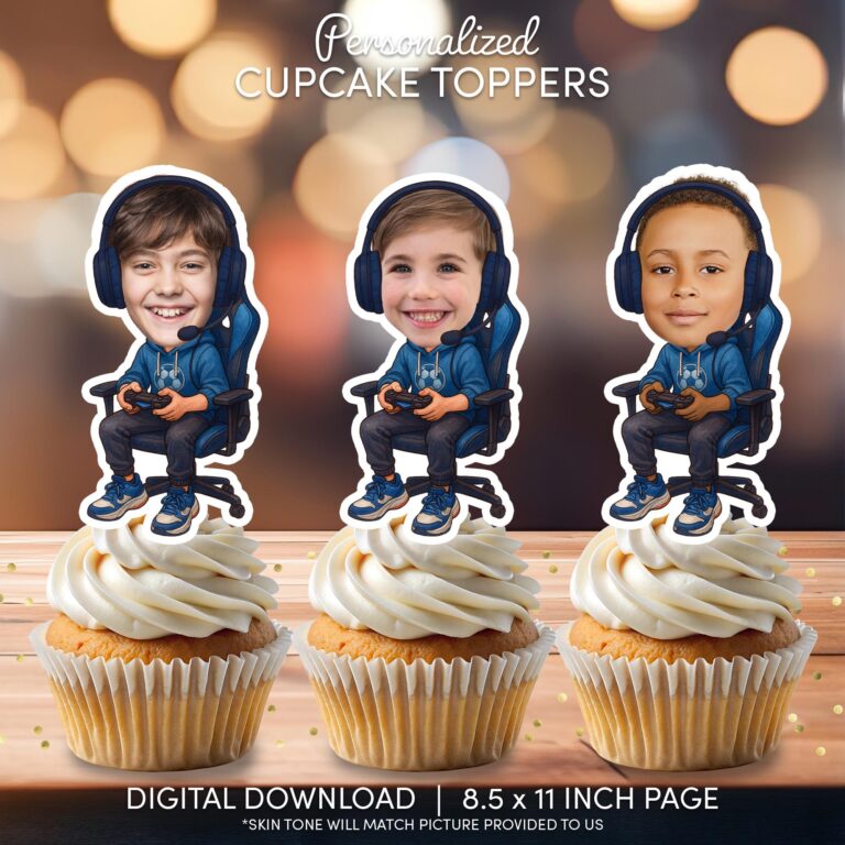 Personalized Video Game Cupcake Toppers with Custom Face Photo - Gamer Birthday Party Decor