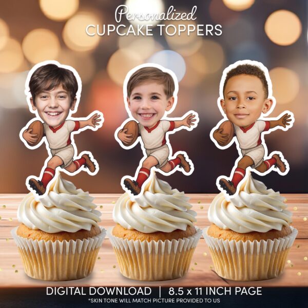 Personalized Football Player Cupcake Toppers with Custom Face ā Printable Sports Birthday Decor