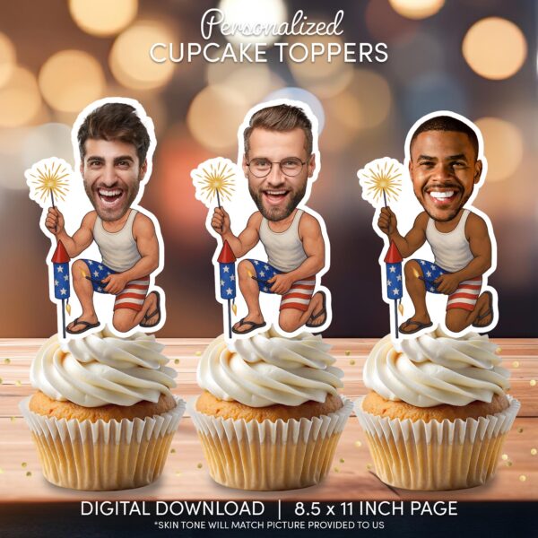 Funny 4th of July Custom Face Cupcake Toppers - Lighting Fireworks Patriotic Theme