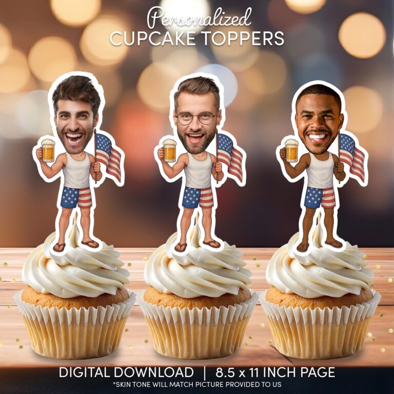 Funny 4th of July Custom Face Cupcake Toppers – Men’s Patriotic Beer Theme Printable