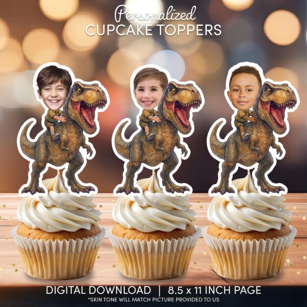 Custom Dinosaur Rider Cupcake Toppers - Personalized T-Rex & Safari Explorer Birthday Printable
