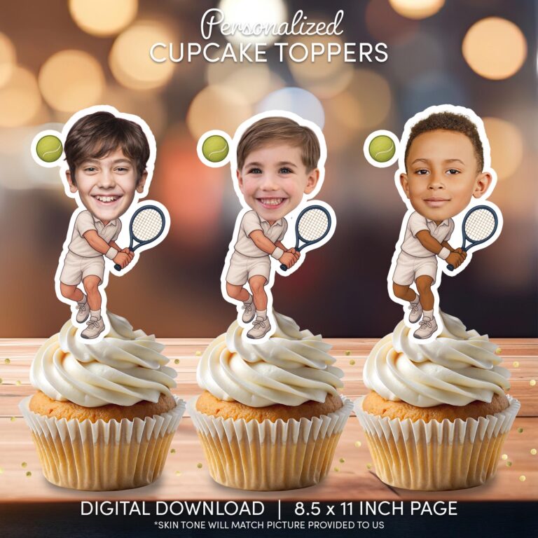 Custom Tennis Player Face Cupcake Toppers for Kids Sports Birthdays