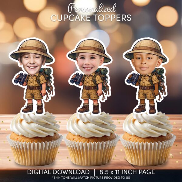 Custom Photo Safari Explorer Cupcake Toppers – Printable Jungle Theme Party Decoration