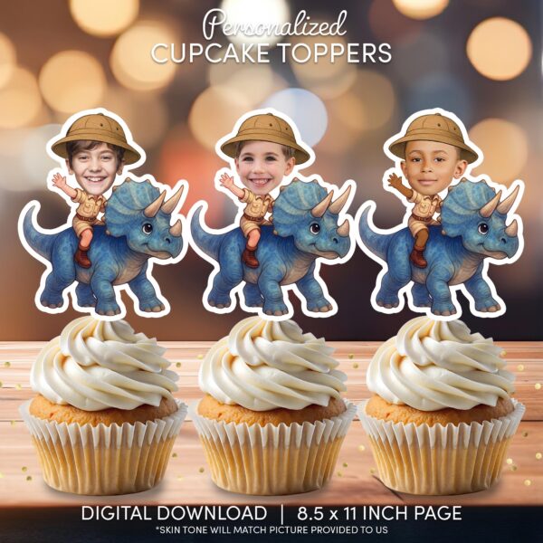 Custom Face Dinosaur Rider Cupcake Toppers - Printable Triceratops Safari Birthday Decor