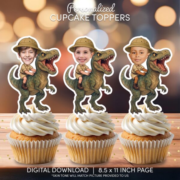 Custom Face Dinosaur Riding Cupcake Toppers – Printable T-Rex Safari Explorer Party Decor