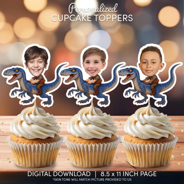 Personalized Blue Raptor Dinosaur Face Cupcake Toppers – Printable Safari Jurassic Birthday Decor