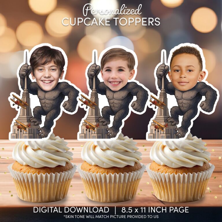 Custom King Kong Style Face Cupcake Toppers - Gorilla Climbing Skyscraper Birthday Decorations