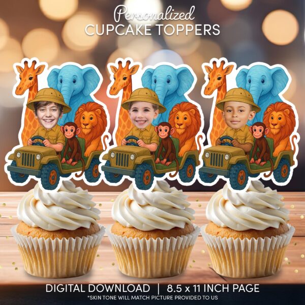 Personalized Safari Jeep Photo Cupcake Toppers - Jungle Animals Theme