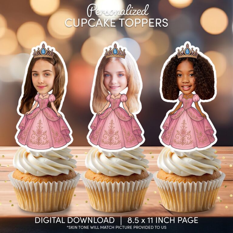 Personalized Pink Princess Cupcake Toppers with Custom Photo Face for Royal Birthday Parties