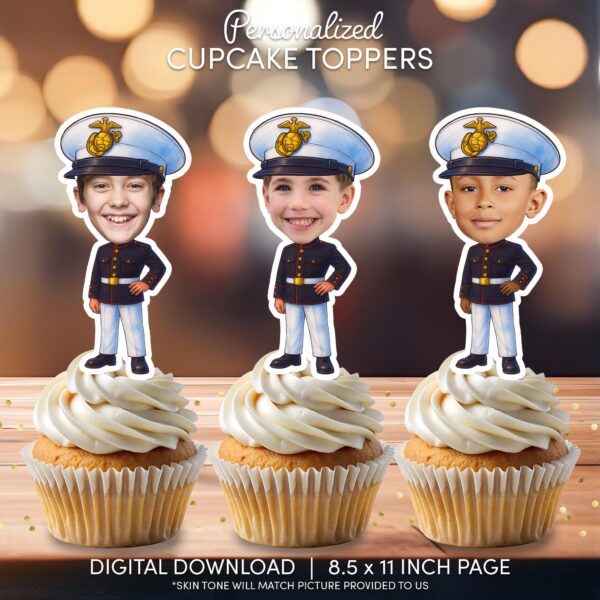 Custom Military Dress Blues Face Cupcake Toppers - Personalized Soldier Theme Decoration