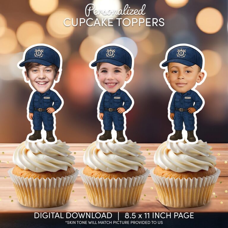 Custom Coast Guard Photo Cupcake Toppers – Printable USCG Uniform Birthday Decor