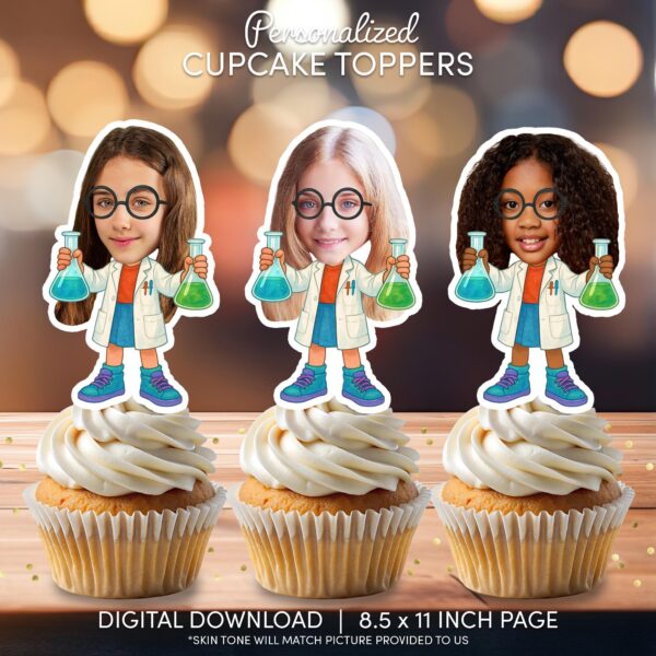 Personalized Scientist Cupcake Toppers - Custom Face Science Party Decorations