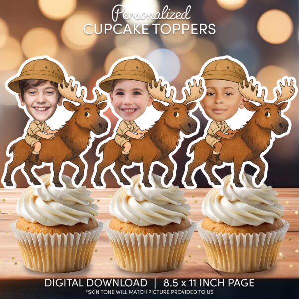 Custom Safari Explorer Riding Moose Cupcake Toppers Printable Photo Decor